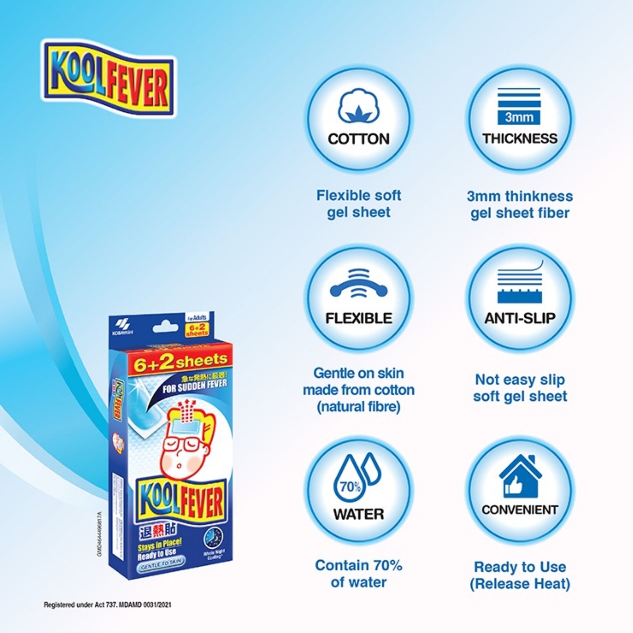 KoolFever cooling gel sheet features including soft cotton material, 3mm thickness, flexible design, anti-slip surface, 70% water content and ready-to-use convenience.