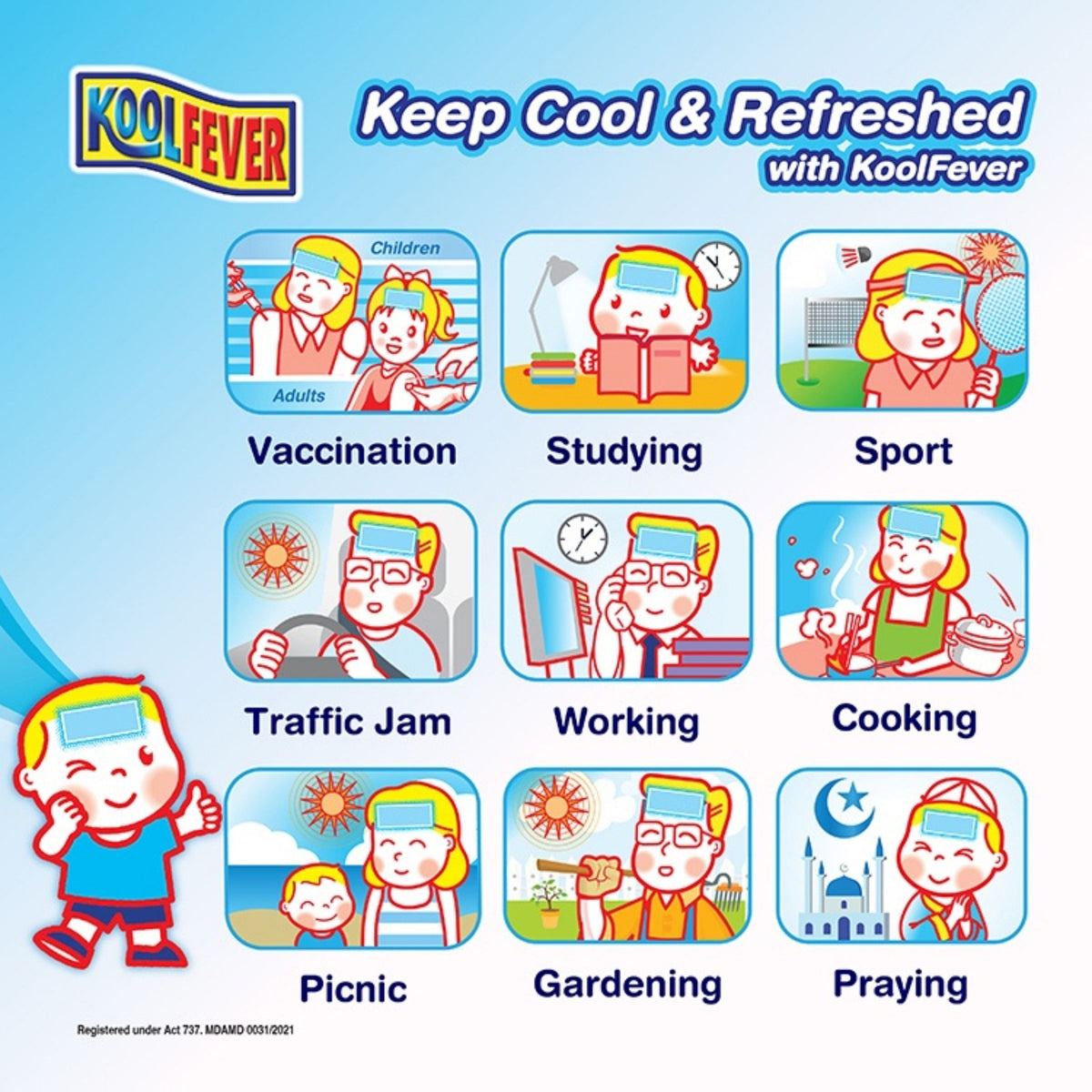 KoolFever cooling gel sheet use cases showing vaccination, studying, sports, traffic, working, cooking, picnic, gardening and praying.