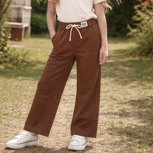 LOVEKINS Girls Brown Elastic Waist Wide-Leg Pants | Soft Casual Jeggings | 6–14+ Years