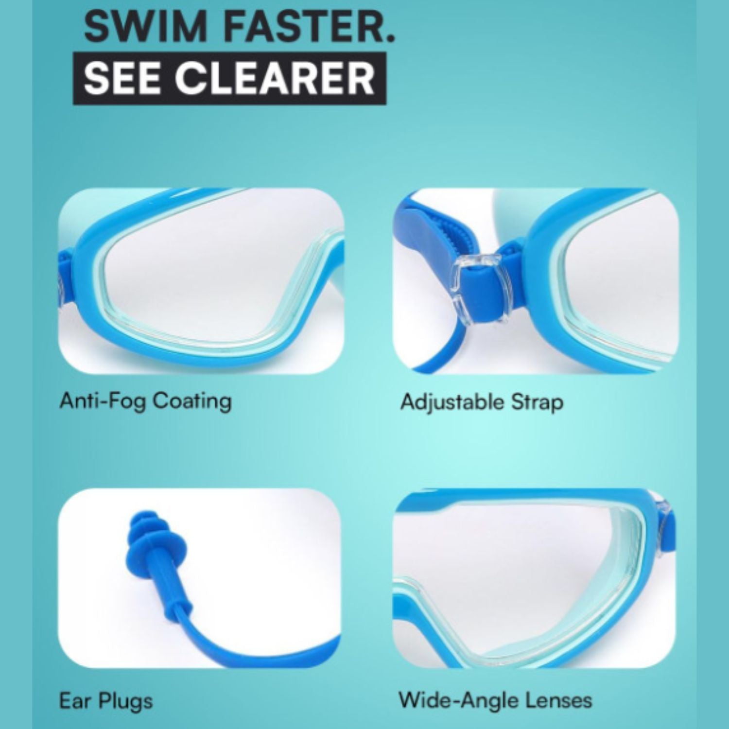 Smile Baby Kids Swimming Goggles with Anti-Fog Wide Angle Lens & Adjustable Strap | Soft Silicone Leak-Proof Seal | Includes Ear Plugs | Colors: Black, Blue, Purple & Yellow