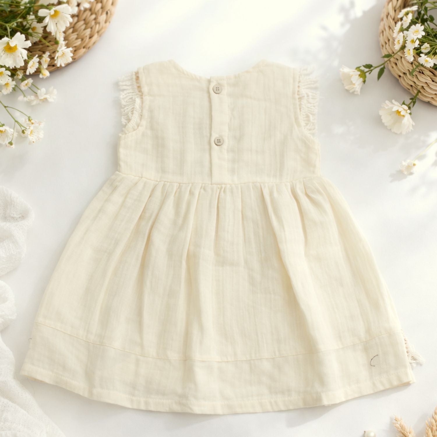 CHOCOLATE BOY Baby Girls Cream Cotton Frock with Bow & Lace Detailing | Party & Casual Dress | 6 Months – 3 Years