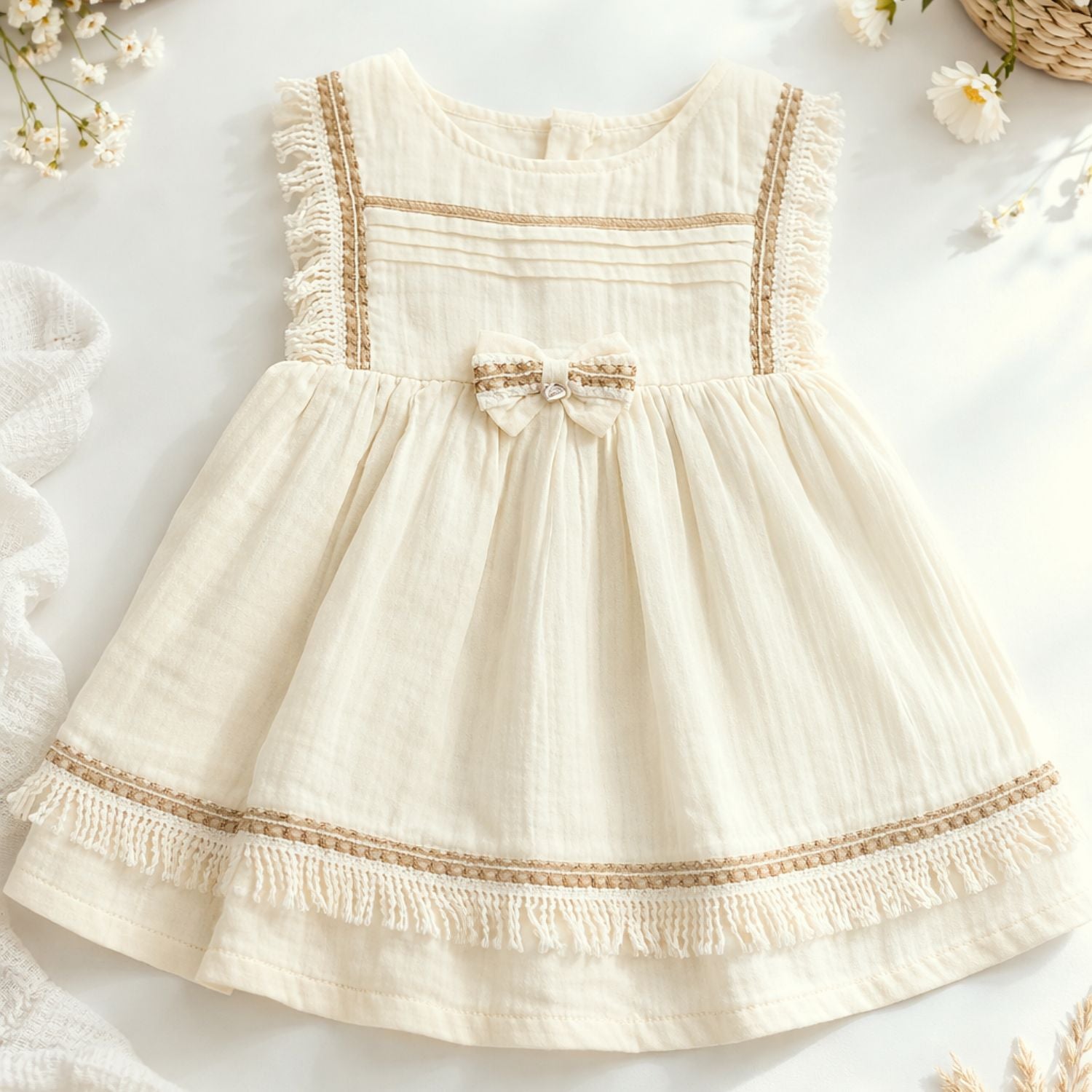 CHOCOLATE BOY Baby Girls Cream Cotton Frock with Bow & Lace Detailing | Party & Casual Dress | 6 Months – 3 Years