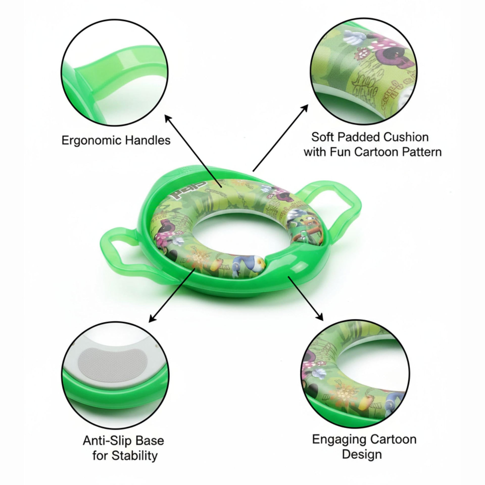 Smile Baby Cushioned Potty Seat with Handles – Green, Cartoon Design