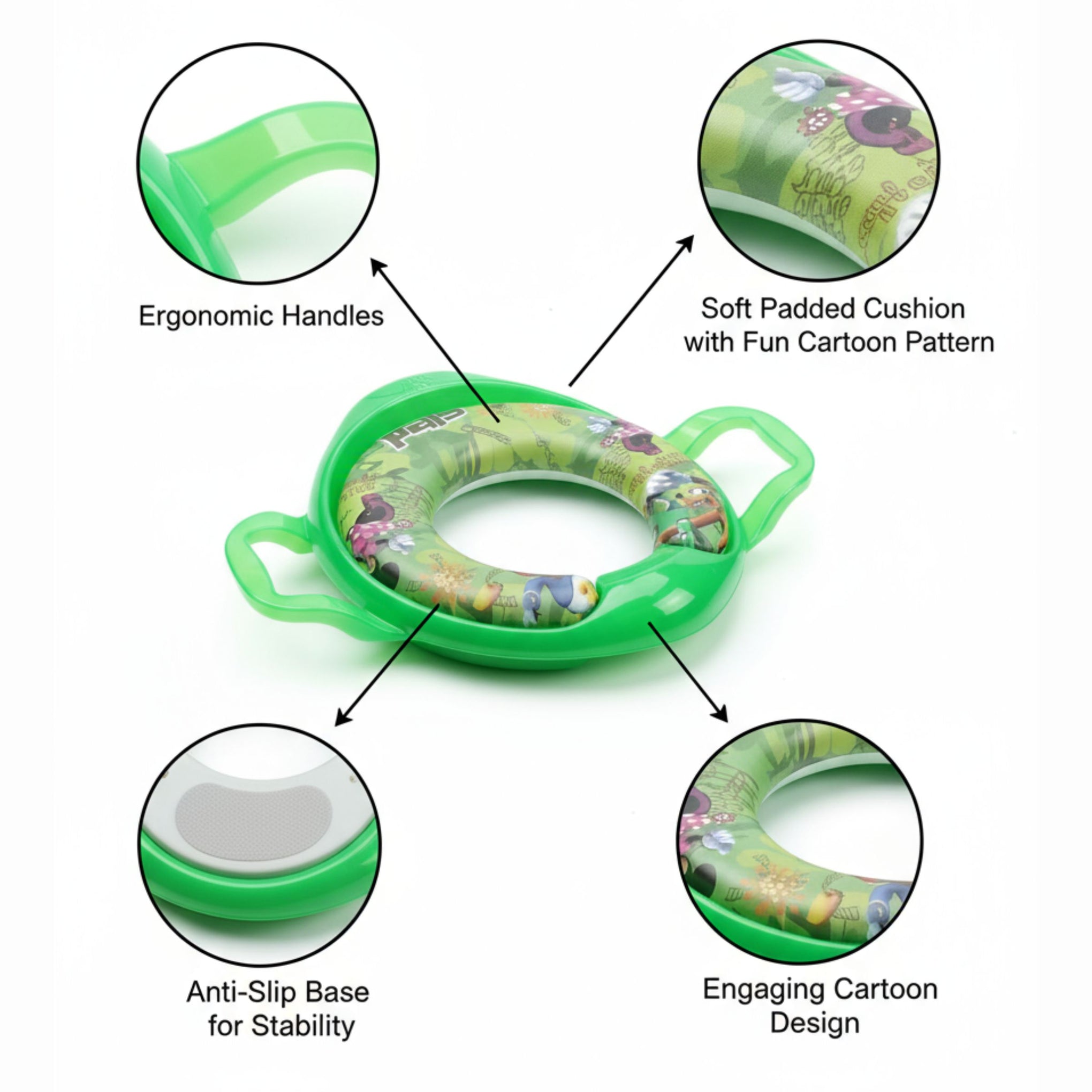 Smile Baby Cushioned Potty Seat with Handles – Green, Cartoon Design