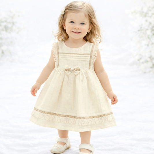 CHOCOLATE BOY Baby Girls Cream Cotton Frock with Bow & Lace Detailing | Party & Casual Dress | 6 Months – 3 Years