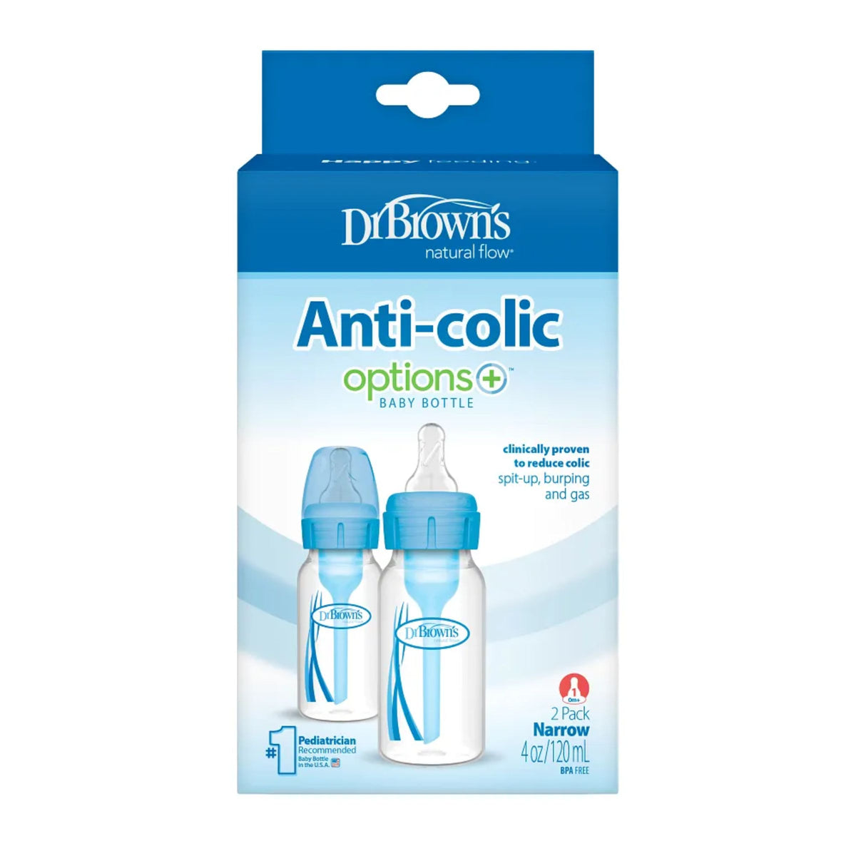 Dr. Brown's Natural Flow Options+ Anti-Colic Narrow Baby Bottle 2-Pack, 120ml blue