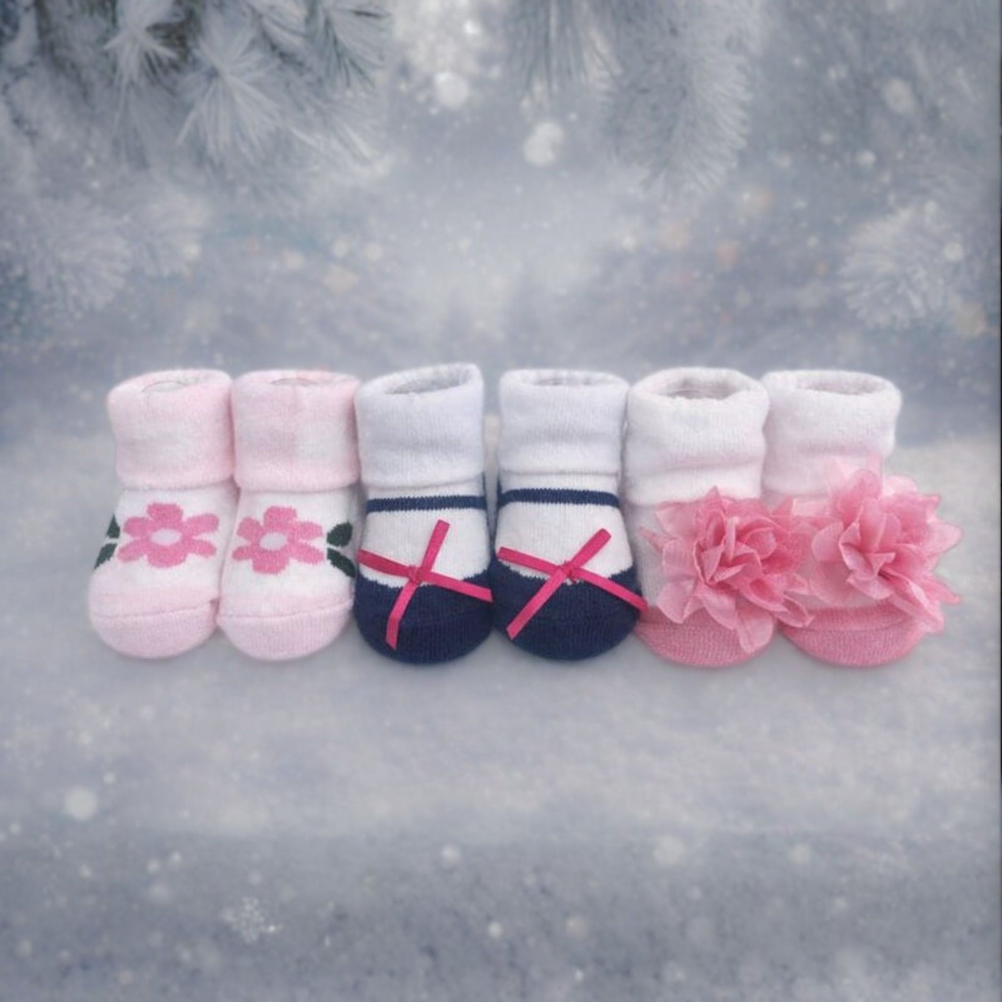Baby Girl Cotton Socks Set | Soft & Warm Winter Socks | Floral & Bow Designs | 0–12 Months | Pack of 3 Pairs