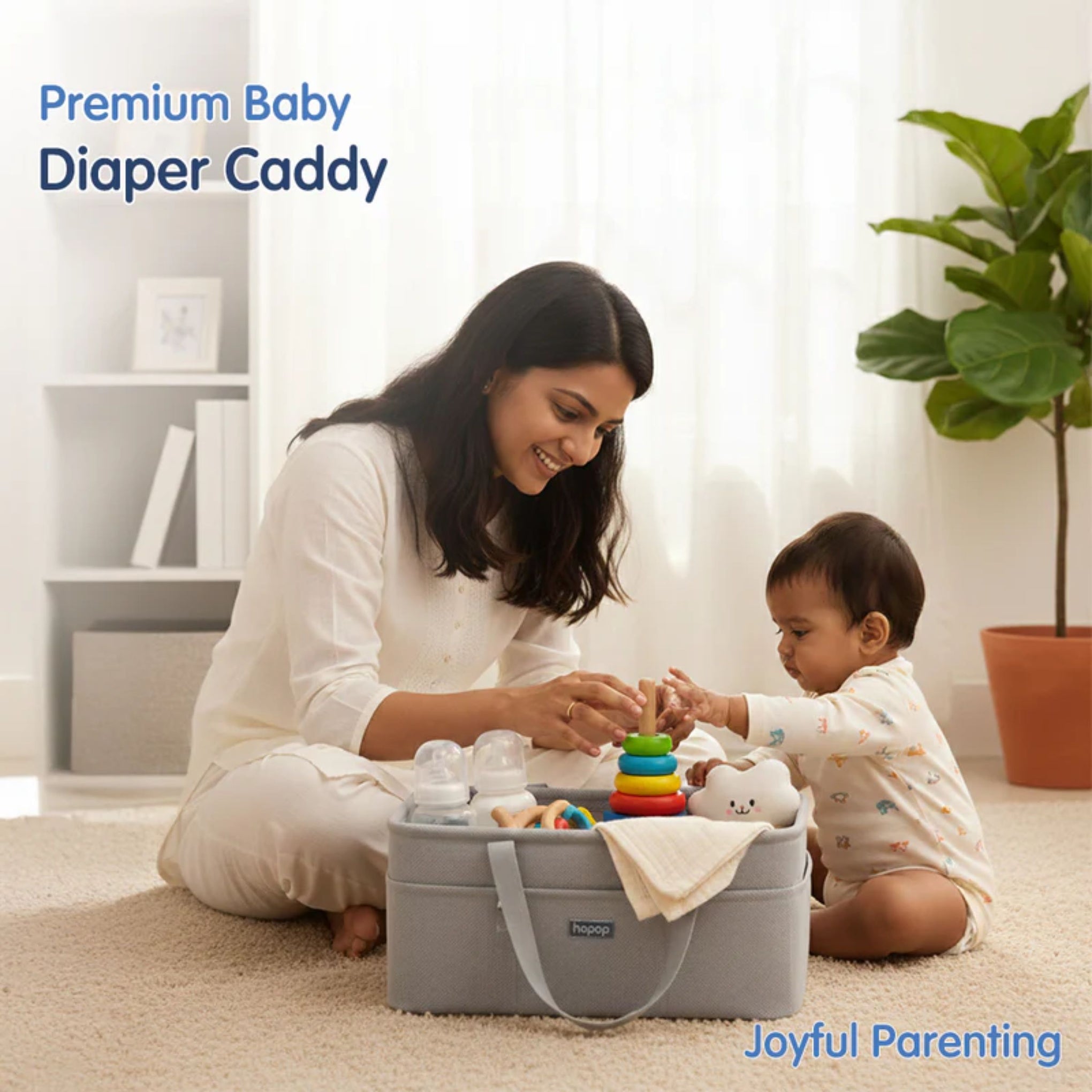Smile Baby Premium Baby Diaper Caddy Organizer – Portable Nursery Storage Basket with Adjustable Dividers, Multiple Pockets & Easy Carry Handles | Grey