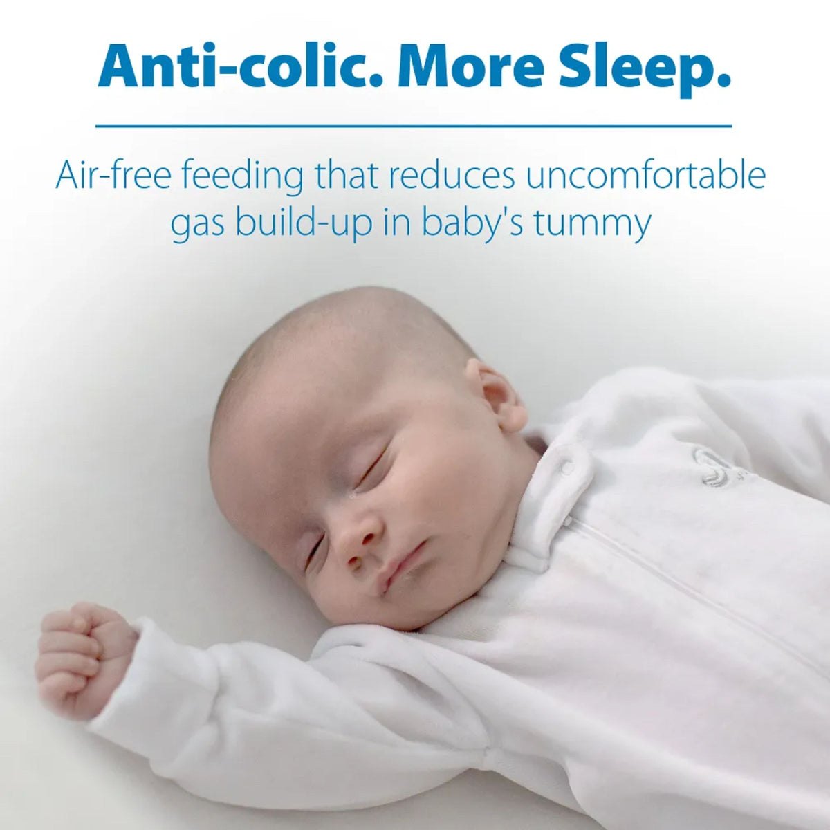 Dr. Brown's anti-colic baby bottle with sleeping baby, designed to help reduce gas and feeding discomfort