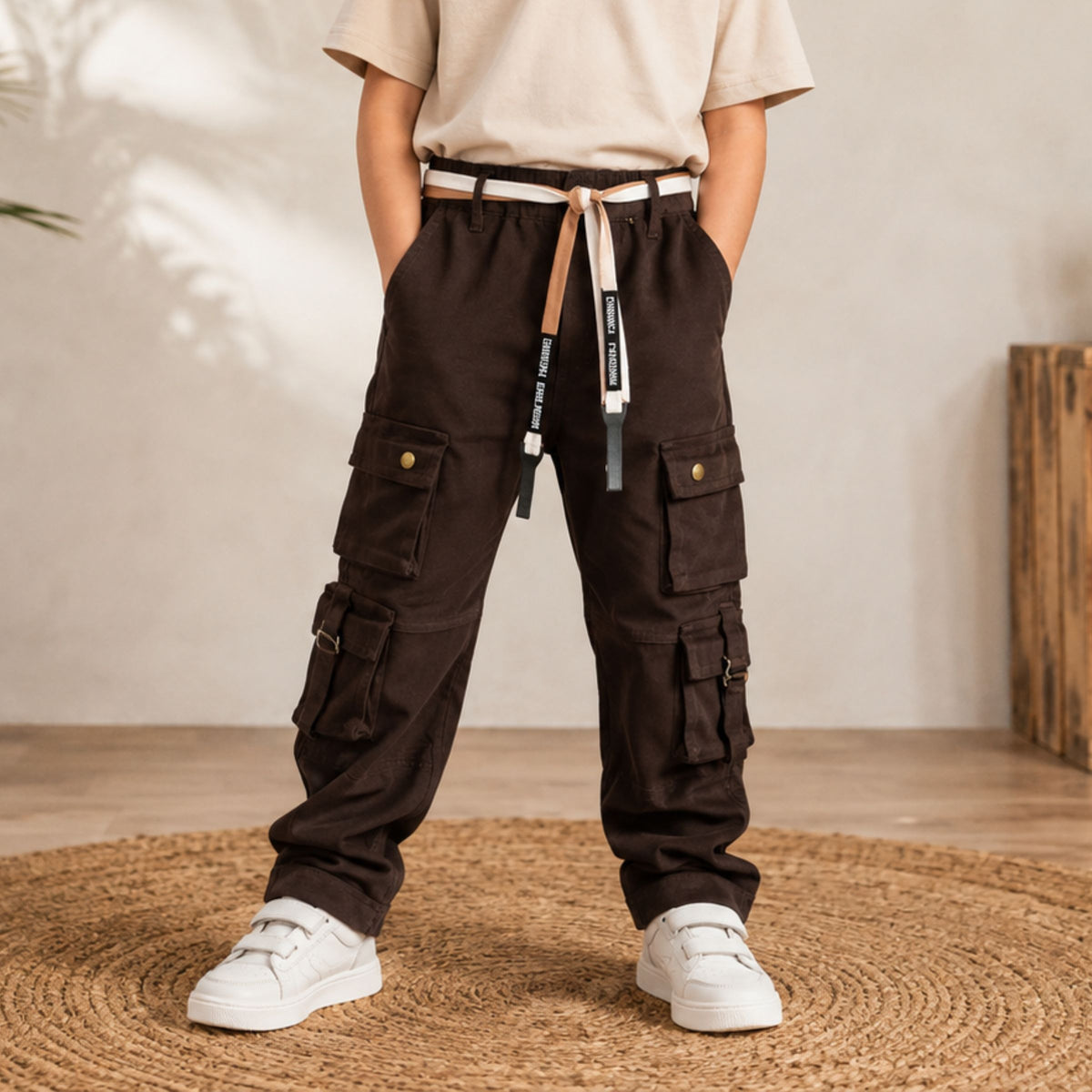 Smile Baby boys brown cargo pants front view with multi-pocket design, drawstring belt and adjustable straps