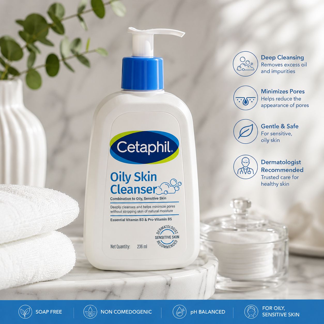 Cetaphil Oily Skin Cleanser for Sensitive Skin with Niacinamide, Glycerin & Panthenol (Vitamin B5), Soap-Free Face Wash, pH Balanced, Non-Comedogenic Daily Cleanser – 236ml