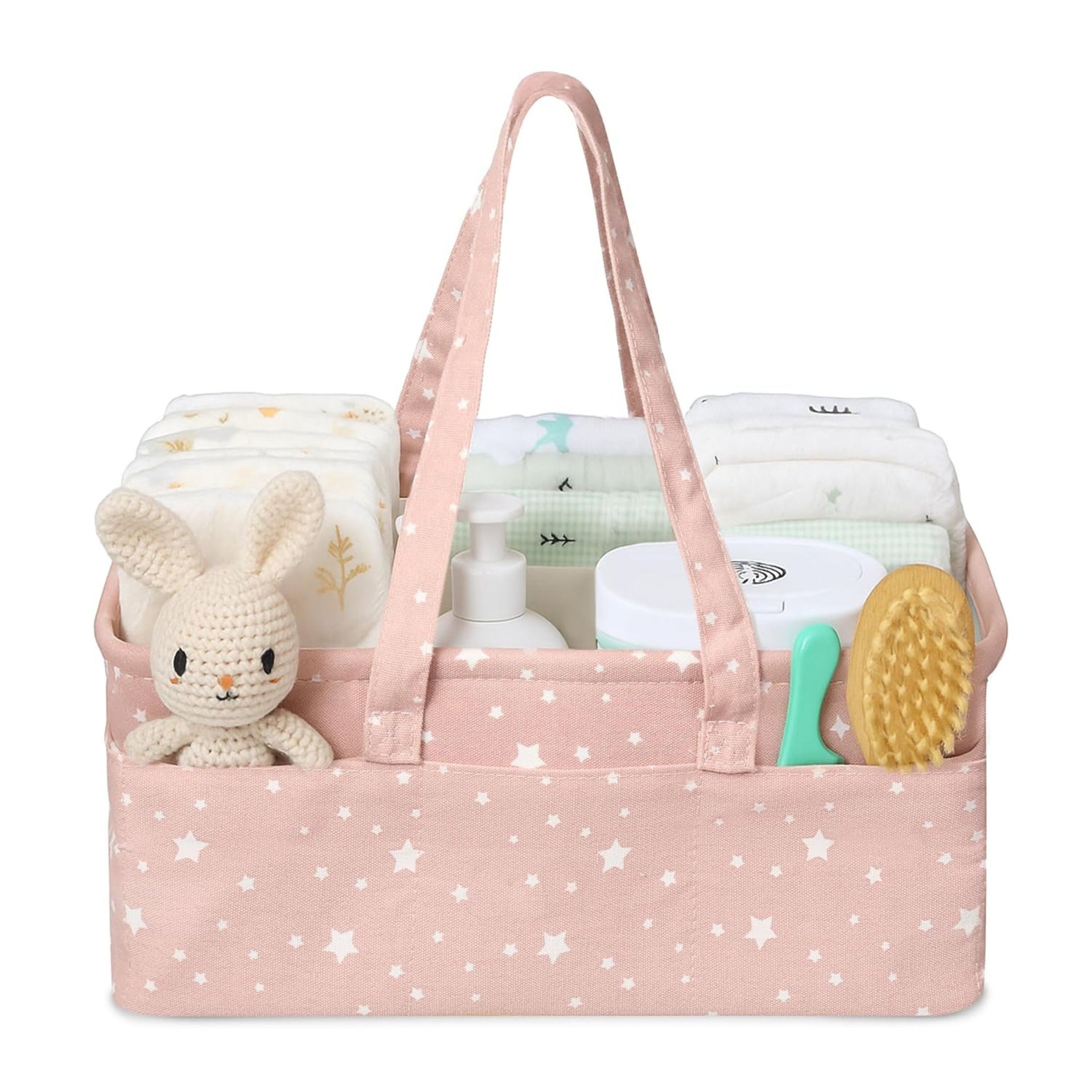 Hopop Premium Baby Diaper Caddy Organizer for Girls – Large Cotton Canvas Nursery Storage Basket with Adjustable Dividers, 10 Outer Pockets & Easy Carry Handles | Pink Star Print