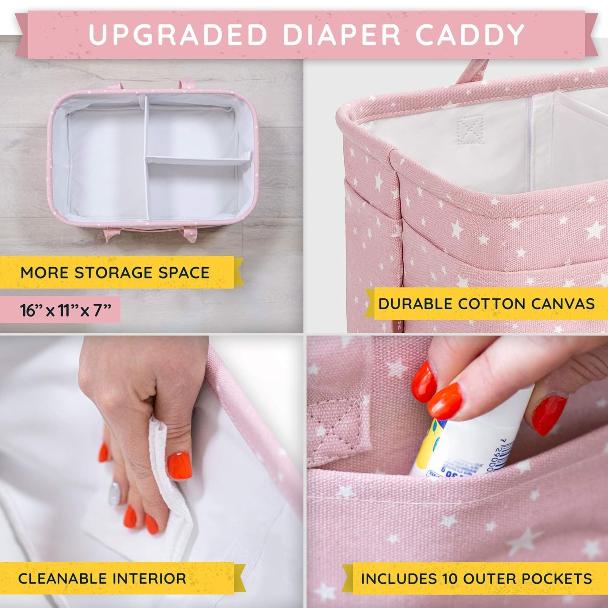 Hopop Premium Baby Diaper Caddy Organizer for Girls – Large Cotton Canvas Nursery Storage Basket with Adjustable Dividers, 10 Outer Pockets & Easy Carry Handles | Pink Star Print