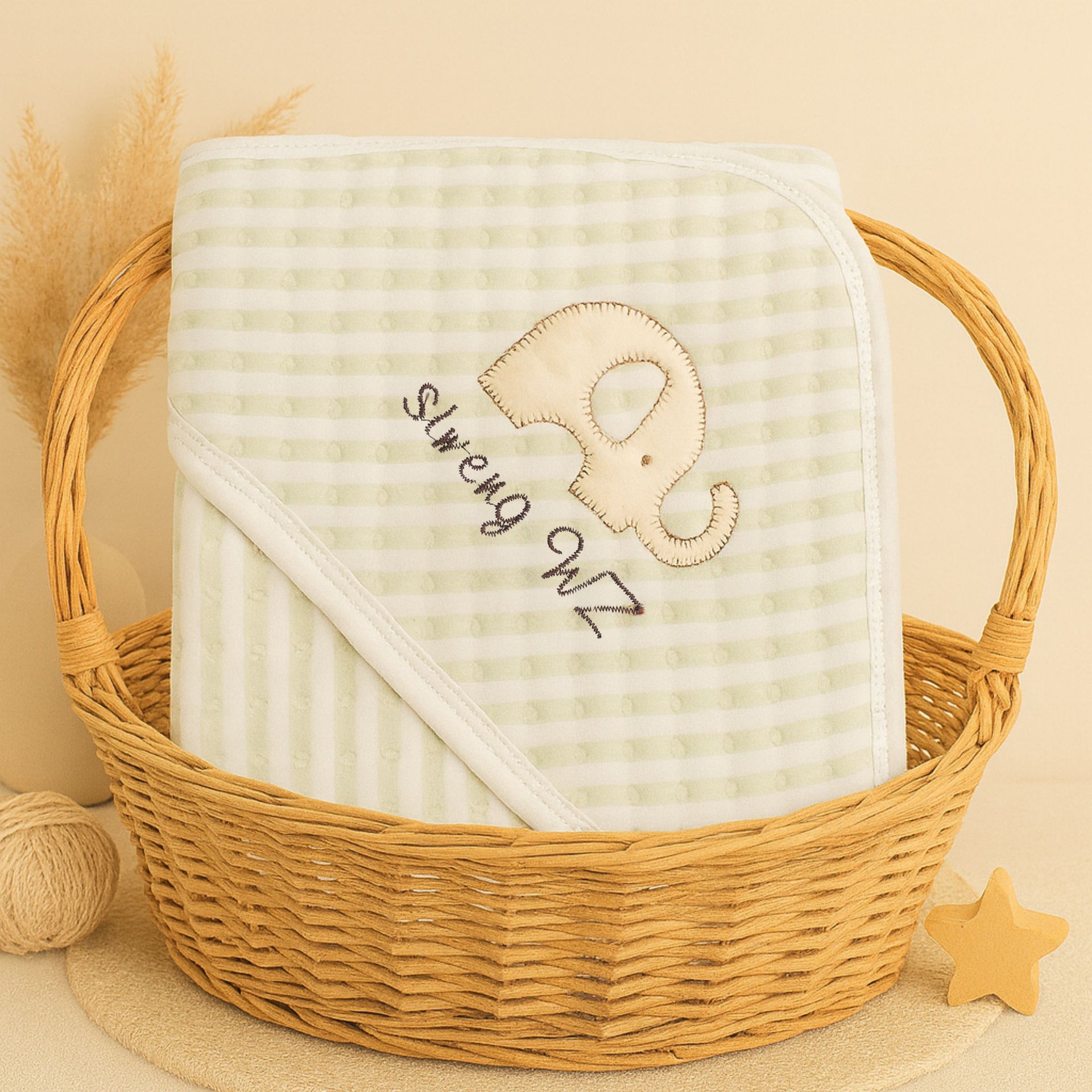 Elephant Hooded Baby Blanket 90×90 cm – Green, Yellow & Pink