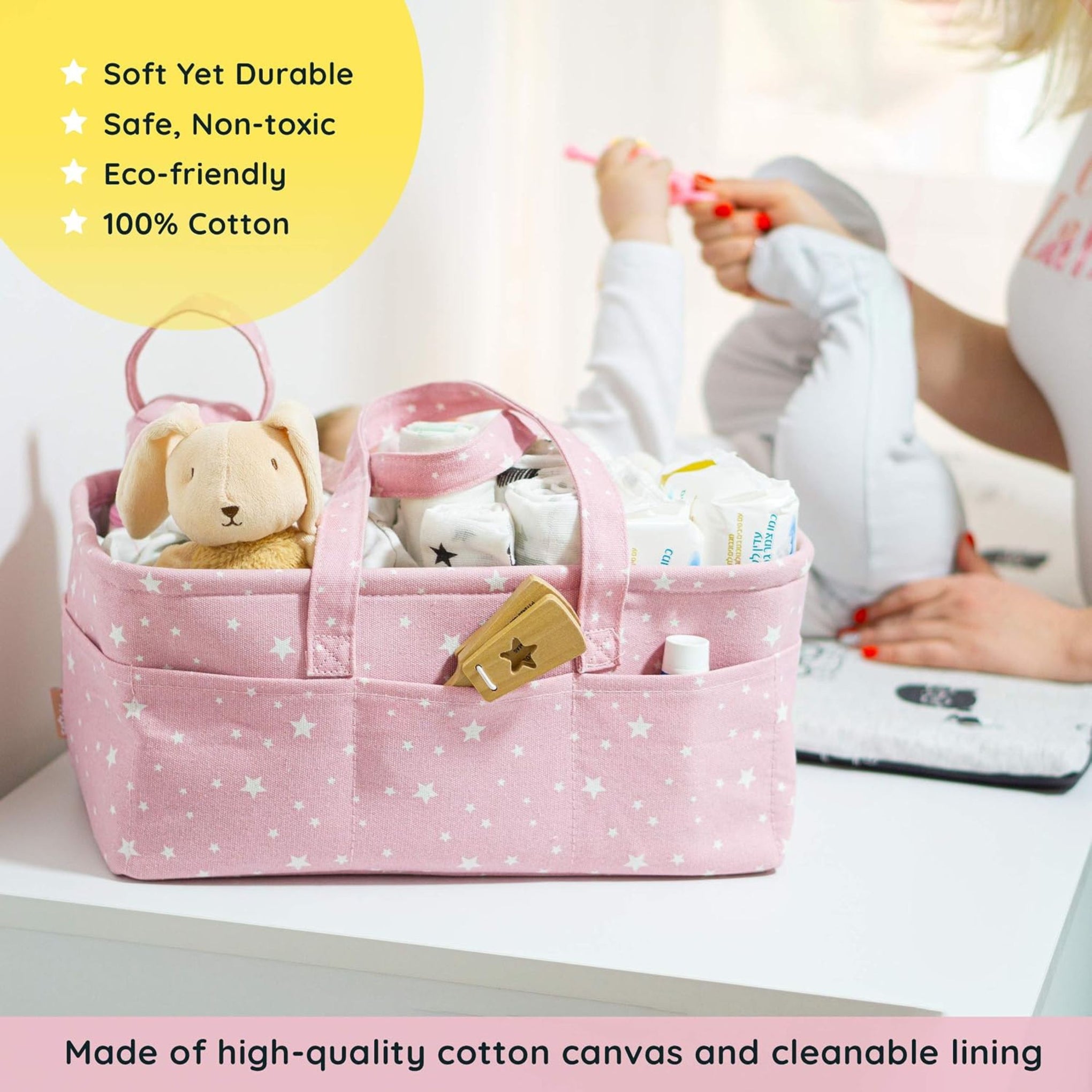 Hopop Premium Baby Diaper Caddy Organizer for Girls – Large Cotton Canvas Nursery Storage Basket with Adjustable Dividers, 10 Outer Pockets & Easy Carry Handles | Pink Star Print