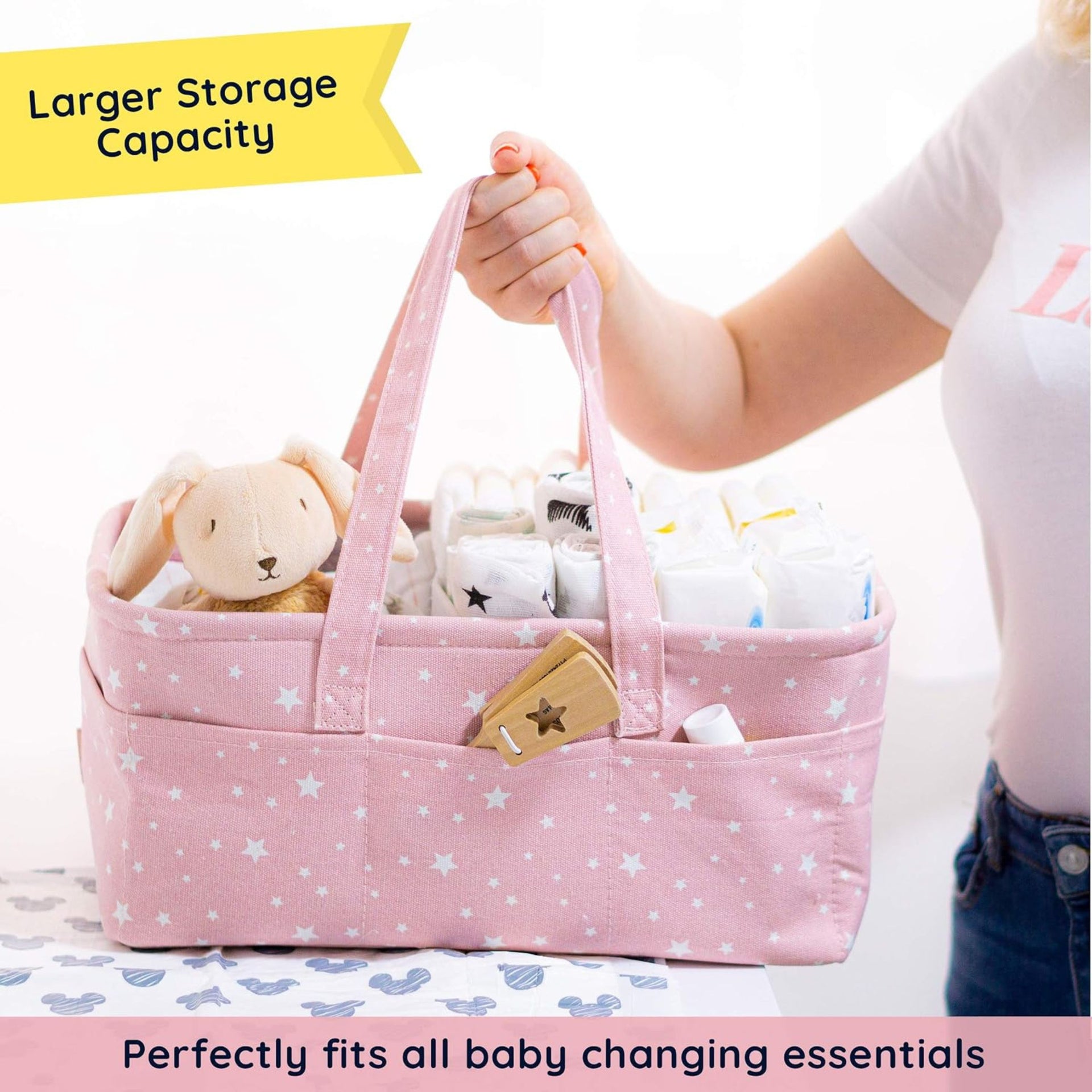 Hopop Premium Baby Diaper Caddy Organizer for Girls – Large Cotton Canvas Nursery Storage Basket with Adjustable Dividers, 10 Outer Pockets & Easy Carry Handles | Pink Star Print