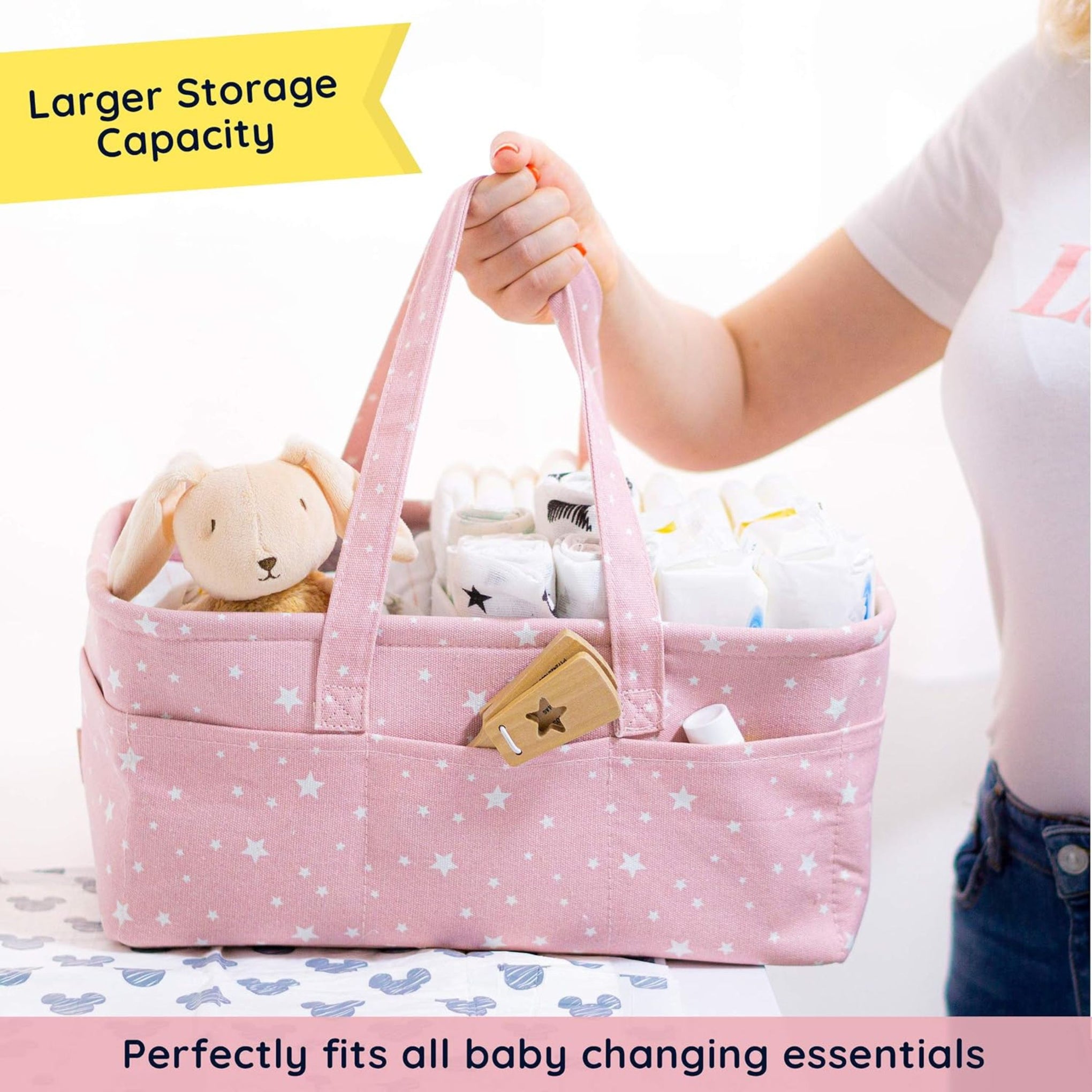 Hopop Premium Baby Diaper Caddy Organizer for Girls – Large Cotton Canvas Nursery Storage Basket with Adjustable Dividers, 10 Outer Pockets & Easy Carry Handles | Pink Star Print