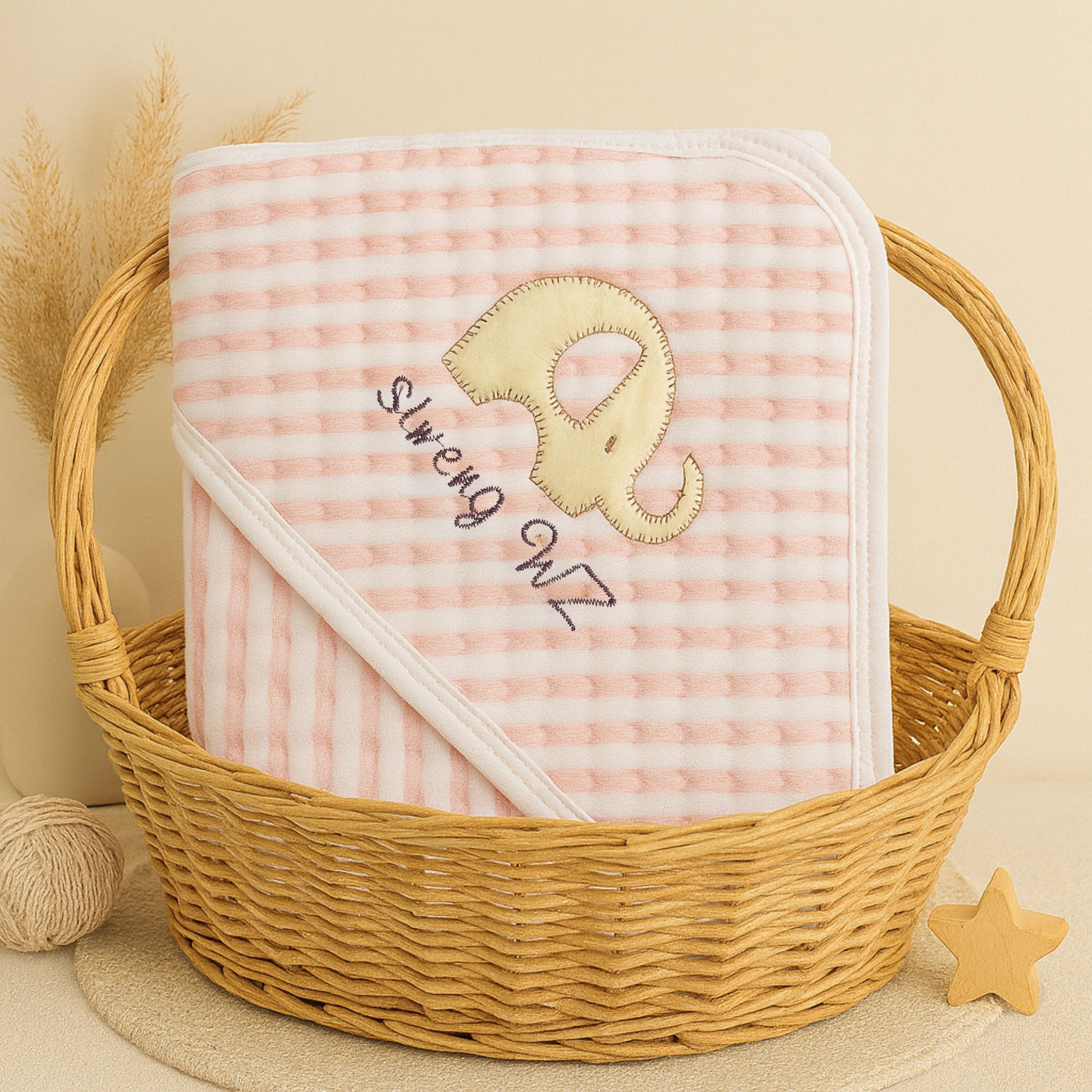 Elephant Hooded Baby Blanket 90×90 cm – Green, Yellow & Pink