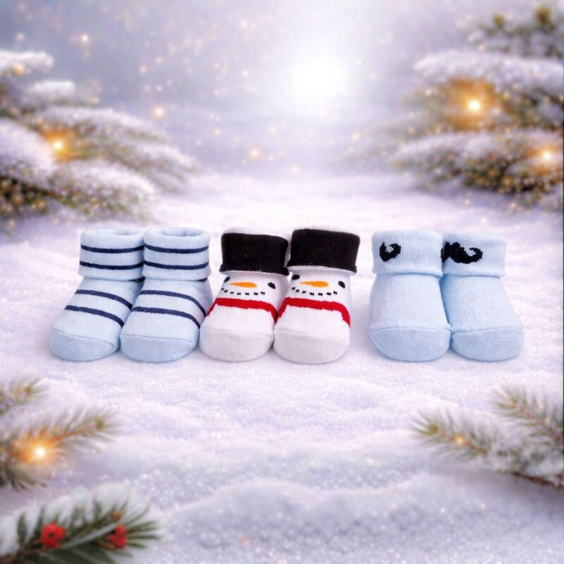Baby Boy Cotton Socks Set | Soft & Warm Winter Socks | Cute Snowman & Stripe Designs | 0–12 Months | Pack of 3 Pairs