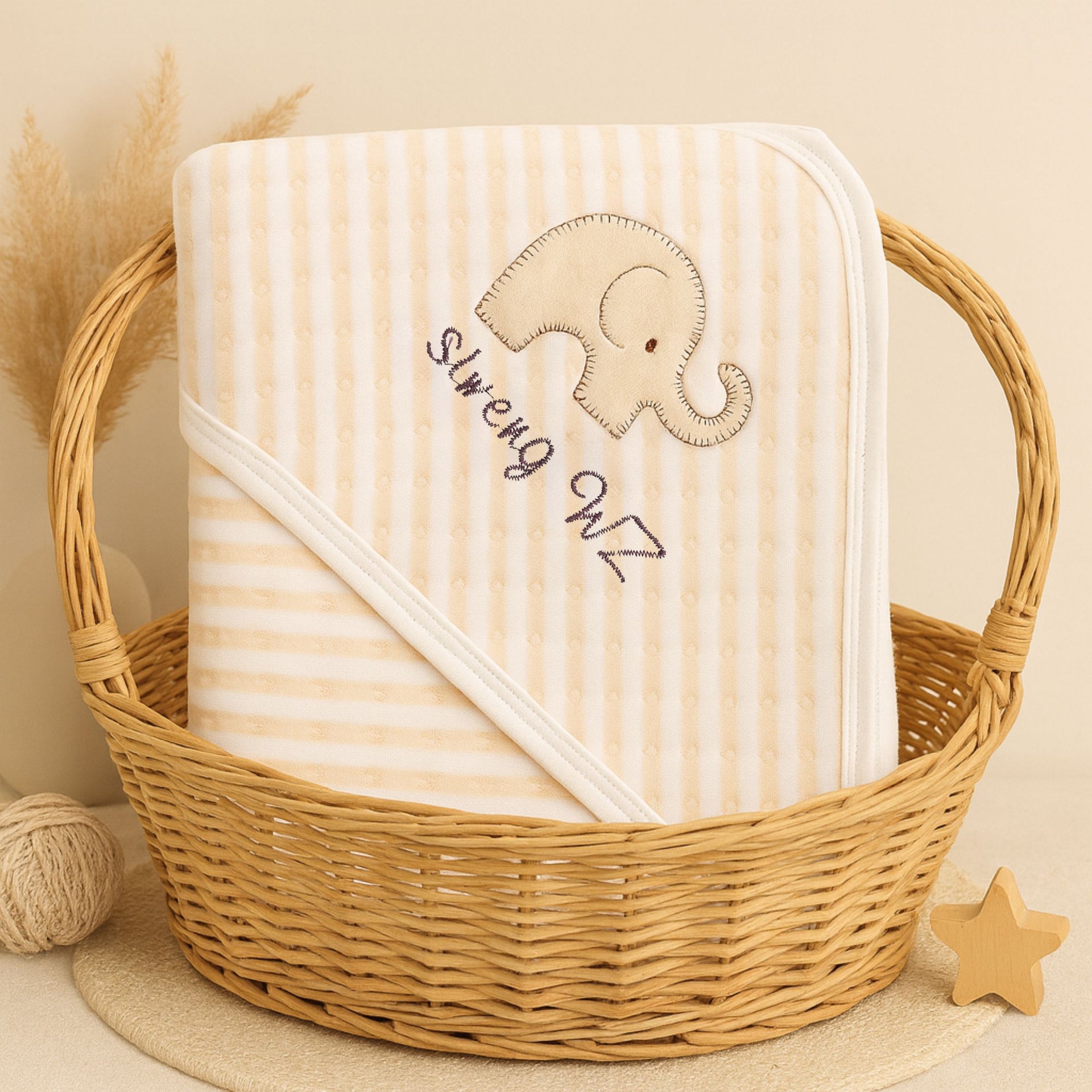 Elephant Hooded Baby Blanket 90×90 cm – Green, Yellow & Pink