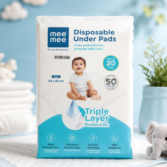 Mee Mee Disposable Under Pads 60 x 60 cm (Pack of 20) | Triple Layer Protection | Super Absorbent, Leak-Proof & Waterproof Baby Changing Mats