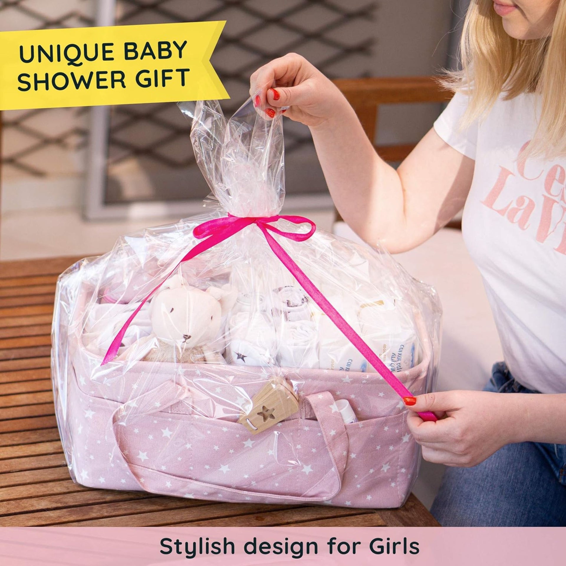 Hopop Premium Baby Diaper Caddy Organizer for Girls – Large Cotton Canvas Nursery Storage Basket with Adjustable Dividers, 10 Outer Pockets & Easy Carry Handles | Pink Star Print