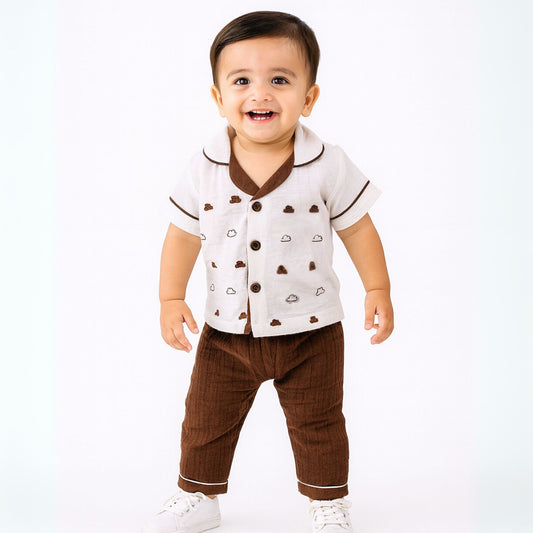 Smile Baby Boys MUSLIN Shirt & Pants Set – Short Sleeve Casual Outfit | MUSLIN NIGHT SUIT (3M–3Y, Brown)