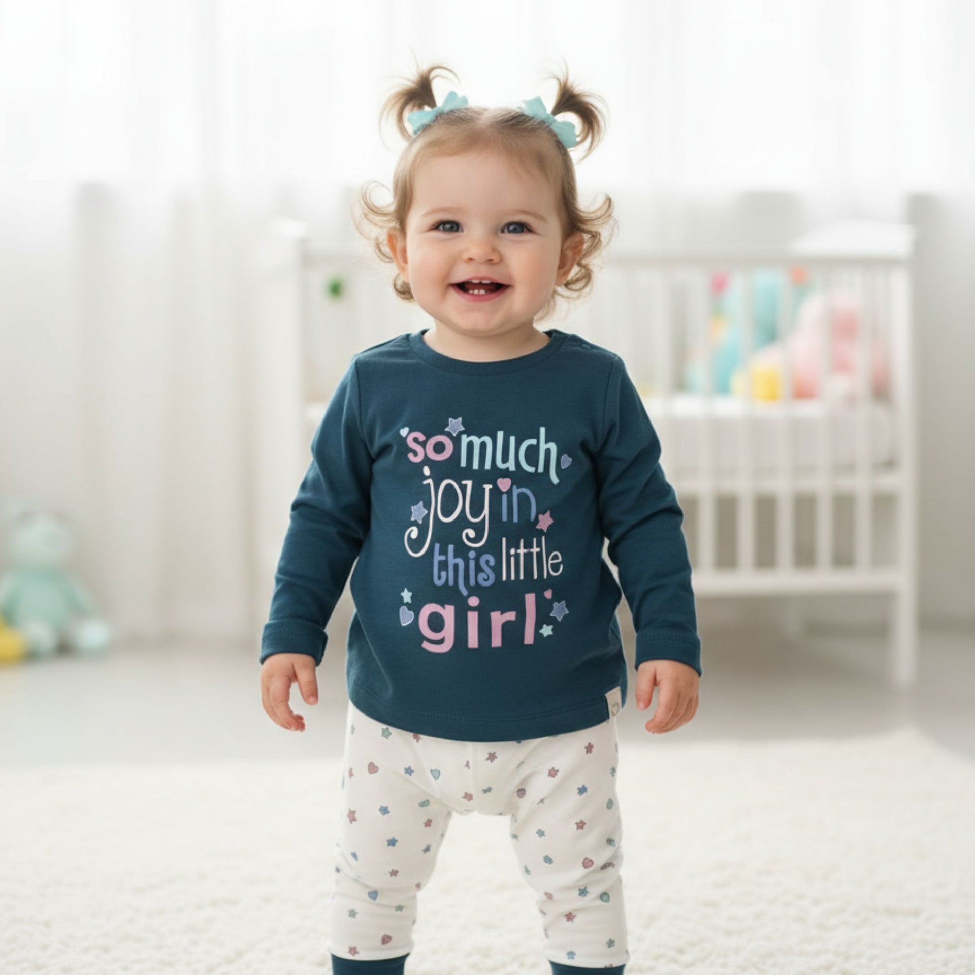 Ollypop Baby Girl Full Sleeves Cotton Top & Printed Pants Set | “So Much Joy” Design | Age 9–24 Months