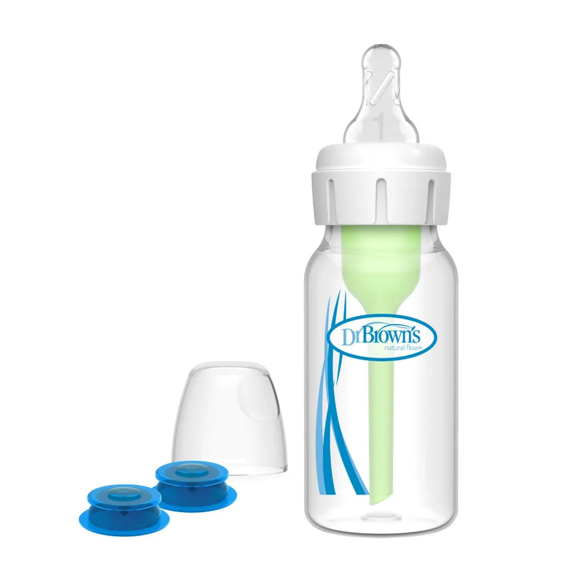 Dr. Brown’s Specialty Feeding System 120ml bottle with green infant-paced feeding valve and white cap
