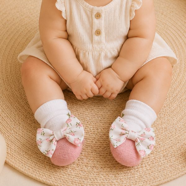 Smile Baby Newborn Baby Girl Socks Set of 3 Pairs | Soft Cotton Anti-Slip Infant Socks with Floral Bow & Flower Design | 0-12 Months