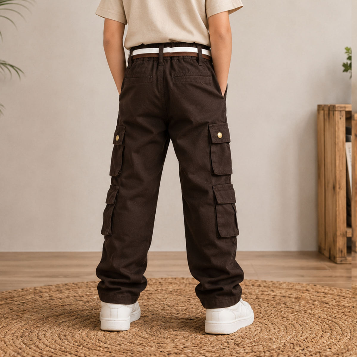 Smile Baby boys brown cargo pants back view showing rear pockets, waistband and cargo pocket details