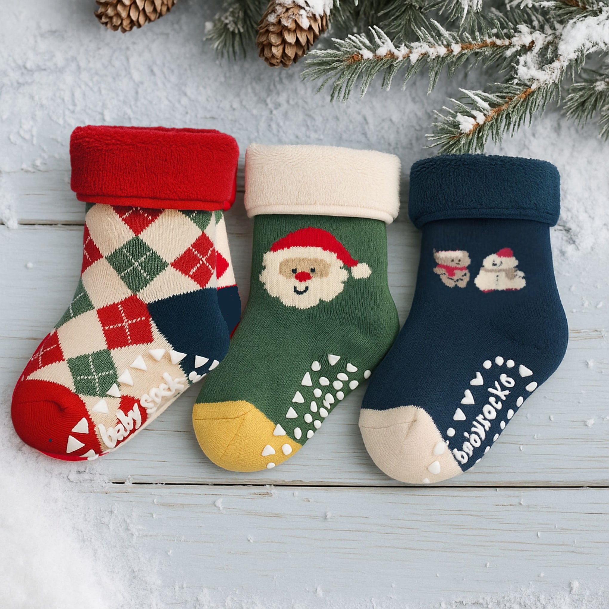 SMILE BABY Soft Winter Baby Socks | Warm & Cozy Cotton Socks with Anti-Slip Sole | Cute Christmas Design | Pack of 3 – Red, Green & Blue | Age 0–12 Months