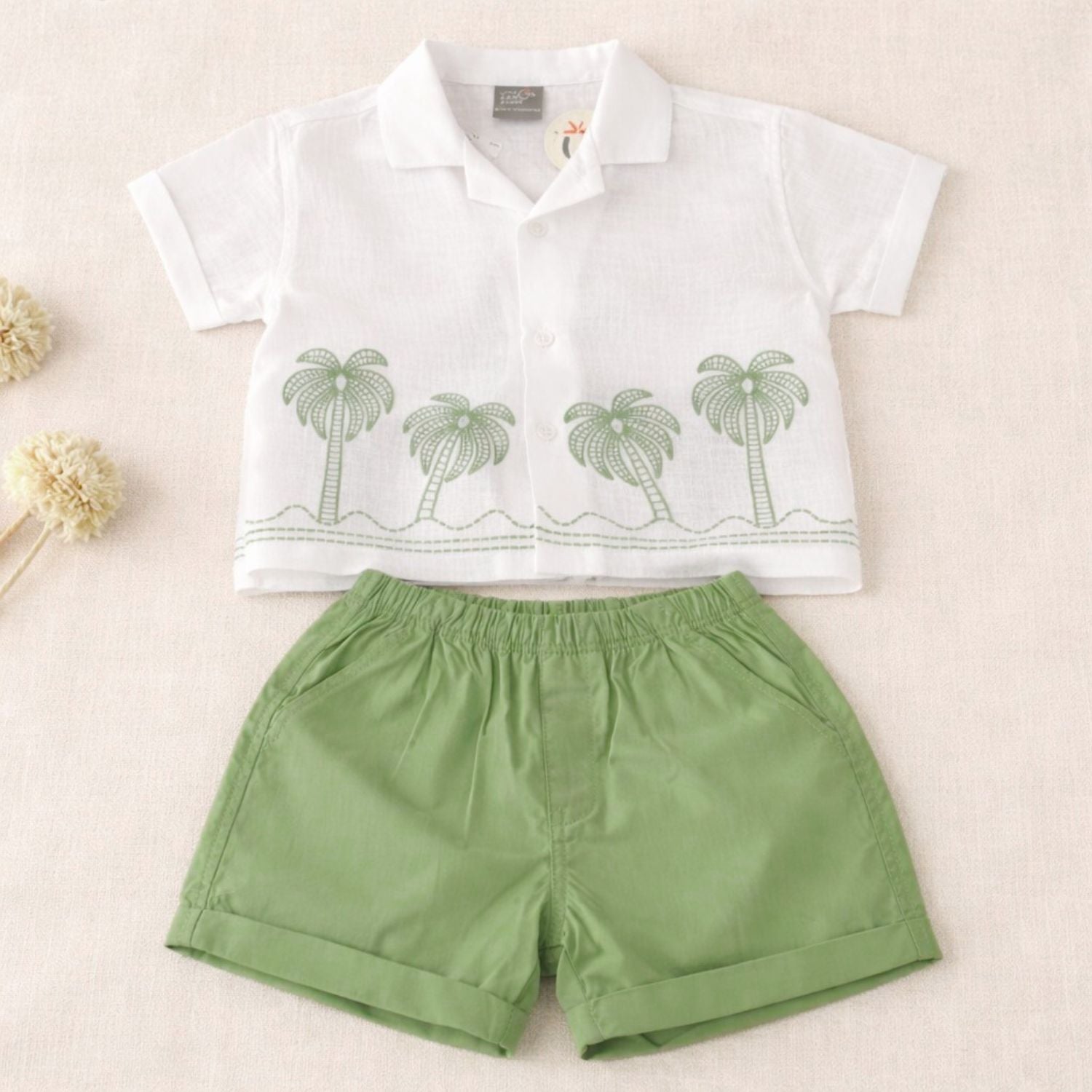 LITTLE KANGAROO Baby Boys Summer Shirt & Shorts Set | Palm Tree Printed Half Sleeve Shirt with Elastic Waist Shorts | Cotton Kids Outfit Set | 6-24 Months