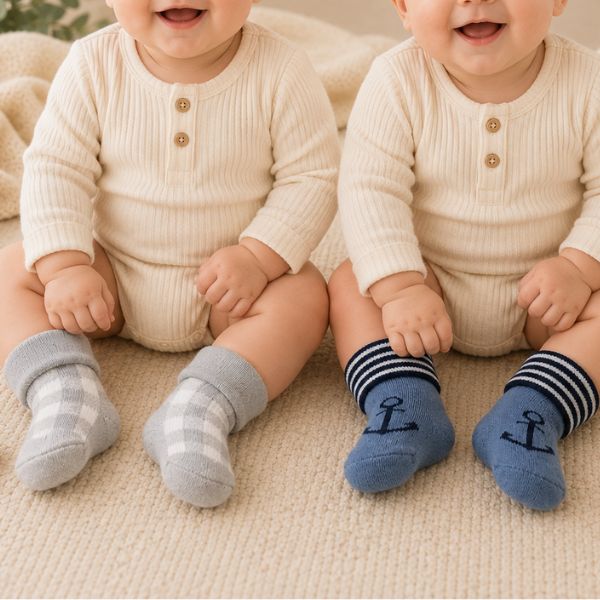 Smile Baby Baby Socks Set of 3 Pairs for Boys (0-9 Months) | Soft Cotton Anti-Slip Infant Socks | Nautical & Checkered Design