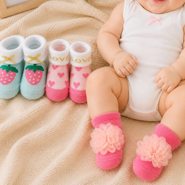 Baby Girls Designer Socks Gift Set (Pack of 3) | Strawberry, Flower & Heart Pattern Soft Cotton Socks for Infants | 0-9 Months