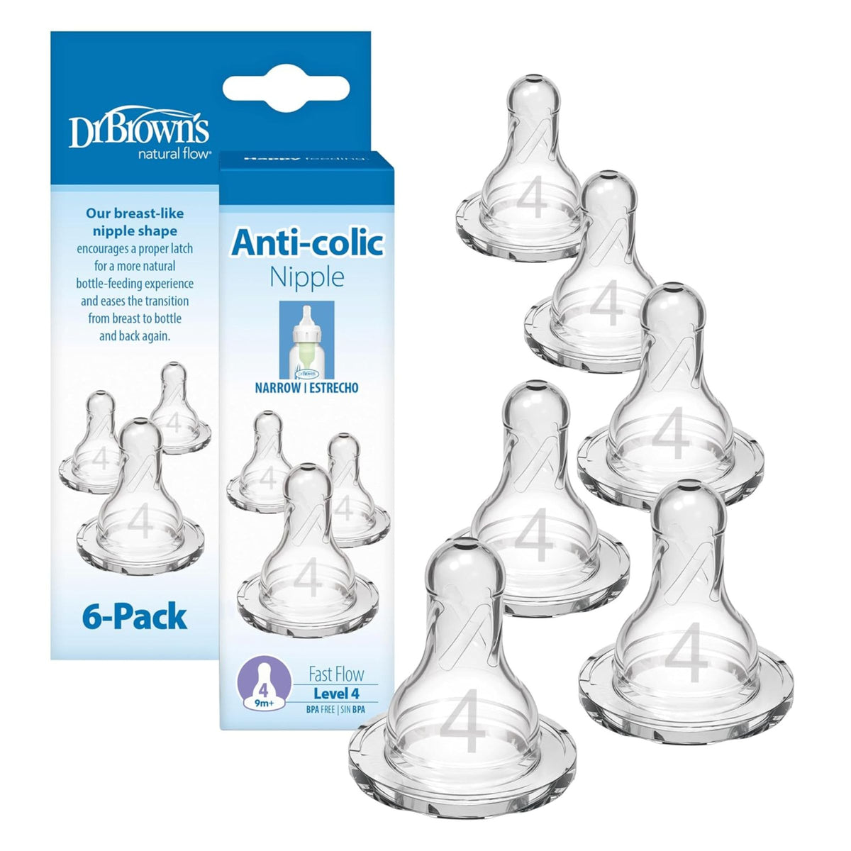 Dr. Brown’s Anti-Colic Narrow Baby Bottle Silicone Teats Level 4, 9m+ Fast Flow, Pack of 6 