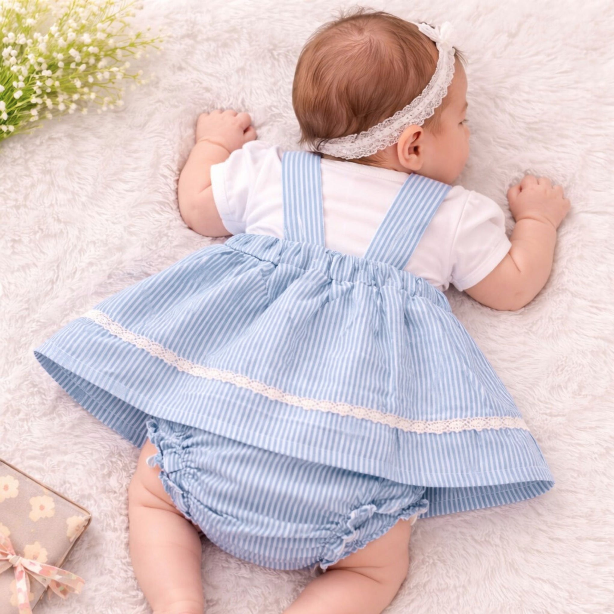 TOFFY HOUSE Baby Girls Sky Blue Striped Dungaree style Dress Set with T-Shirt & Bloomer (Newborn to 9 Months)