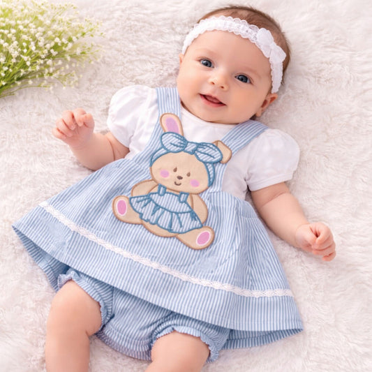 TOFFY HOUSE Baby Girls Sky Blue Striped Dungaree style Dress Set with T-Shirt & Bloomer (Newborn to 9 Months)