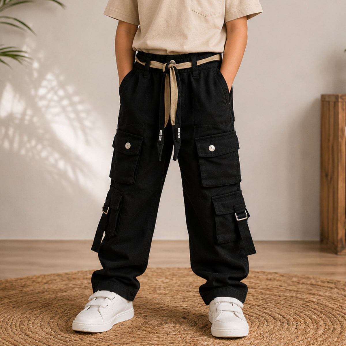 Smile Baby boys black cargo pants with elastic waistband, adjustable drawstring belt and multiple utility pockets