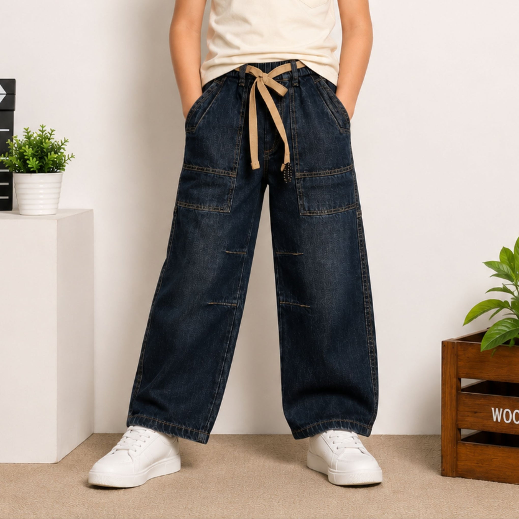 COOLEST TINT boys wide leg denim jeans front view with adjustable drawstring waist and utility pockets