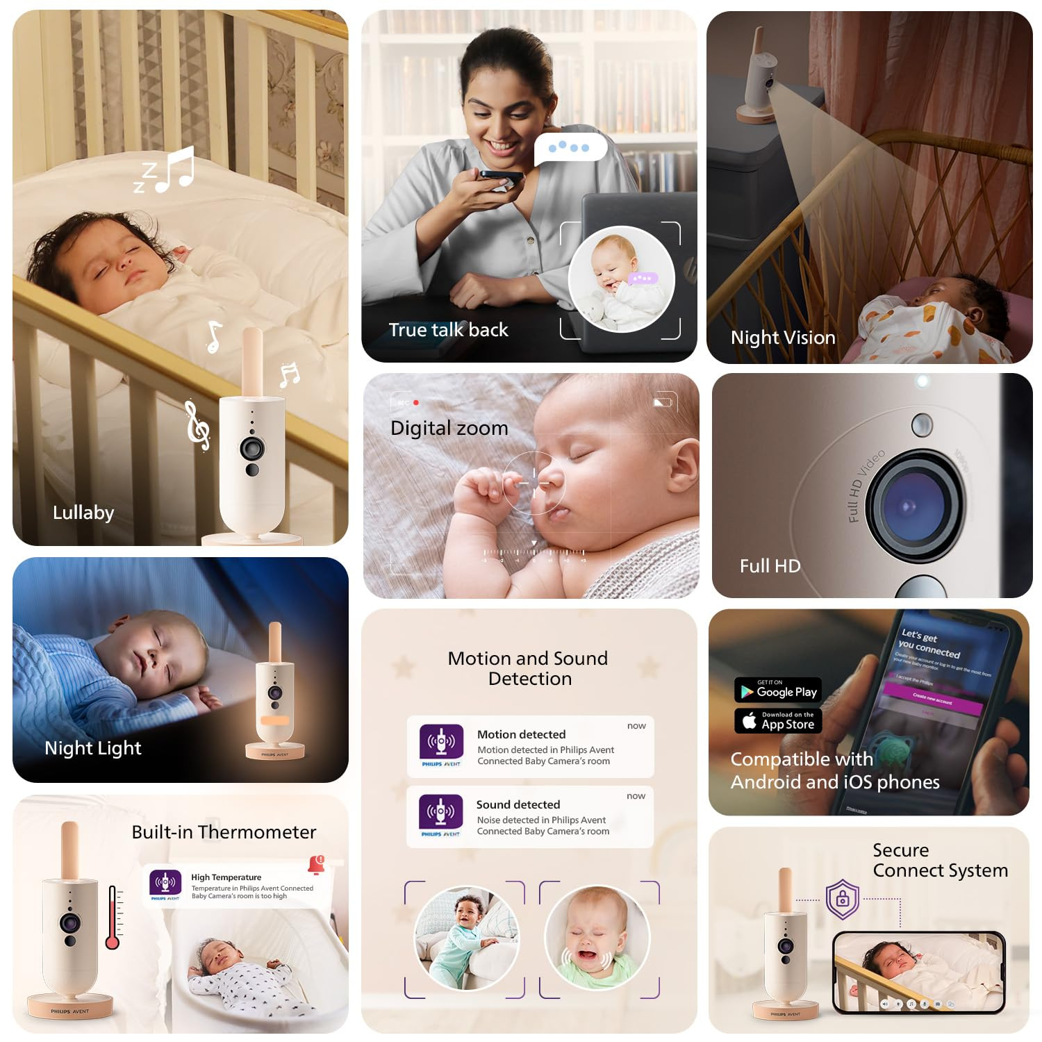 Philips Avent Connected Baby Camera – Full HD Smart Baby Monitor with Night Vision, Motion & Sound Detection, Two-Way Talk, Lullabies & App Connectivity
