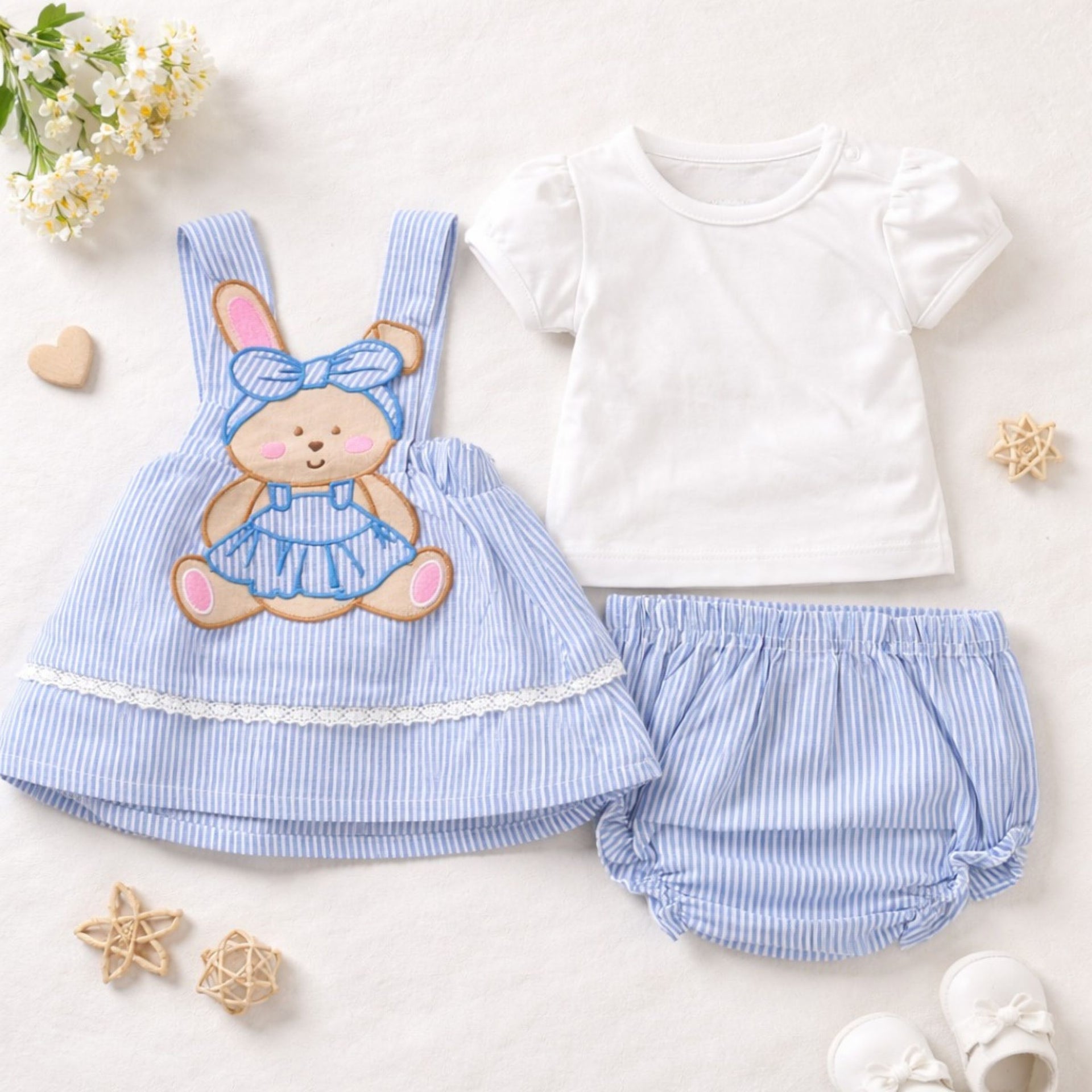 TOFFY HOUSE Baby Girls Sky Blue Striped Dungaree style Dress Set with T-Shirt & Bloomer (Newborn to 9 Months)