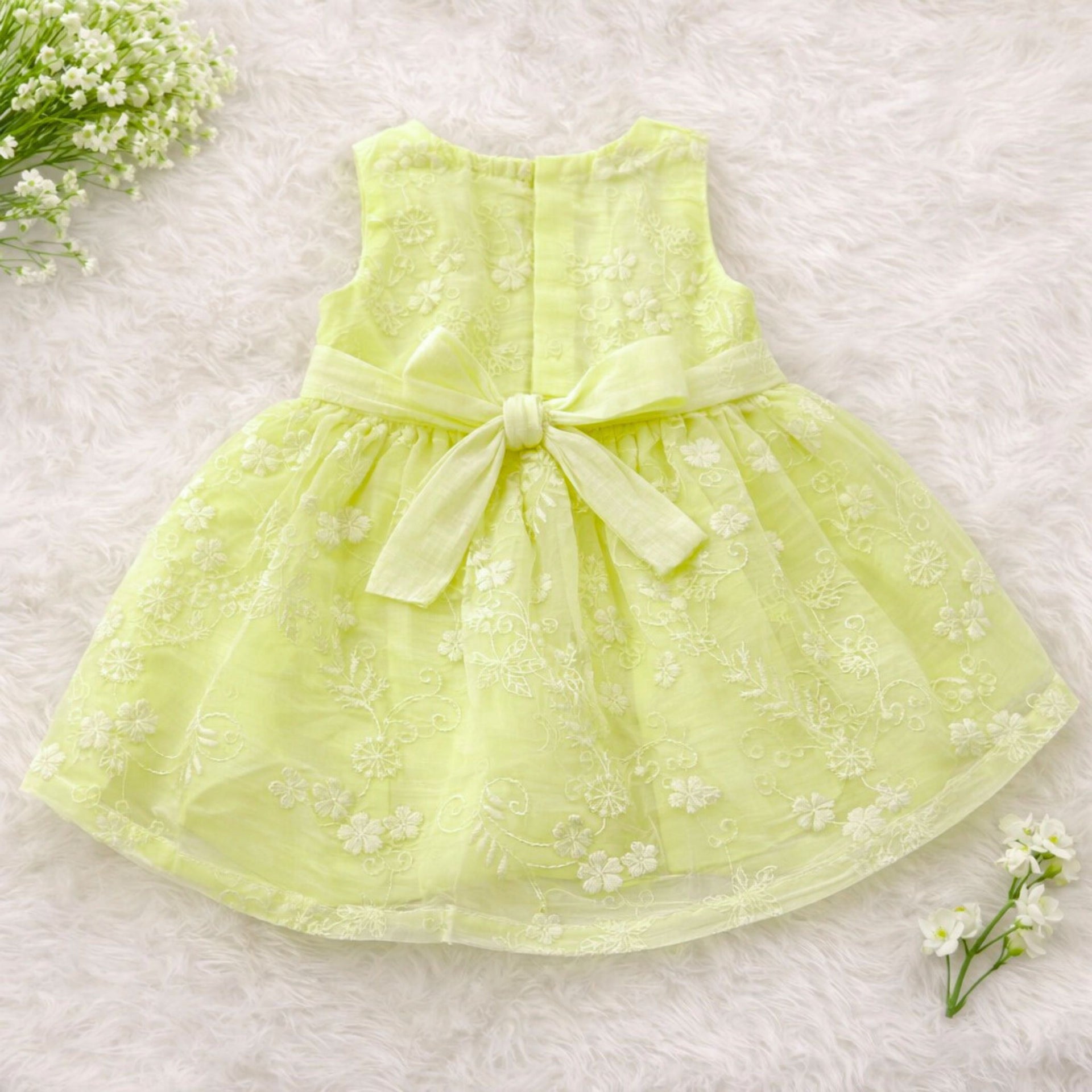 ORRIGANY Girls Yellow Floral Embroidered Party Wear Frock – Soft Sleeveless Bow Tie Dress (9 Months–6 Years)