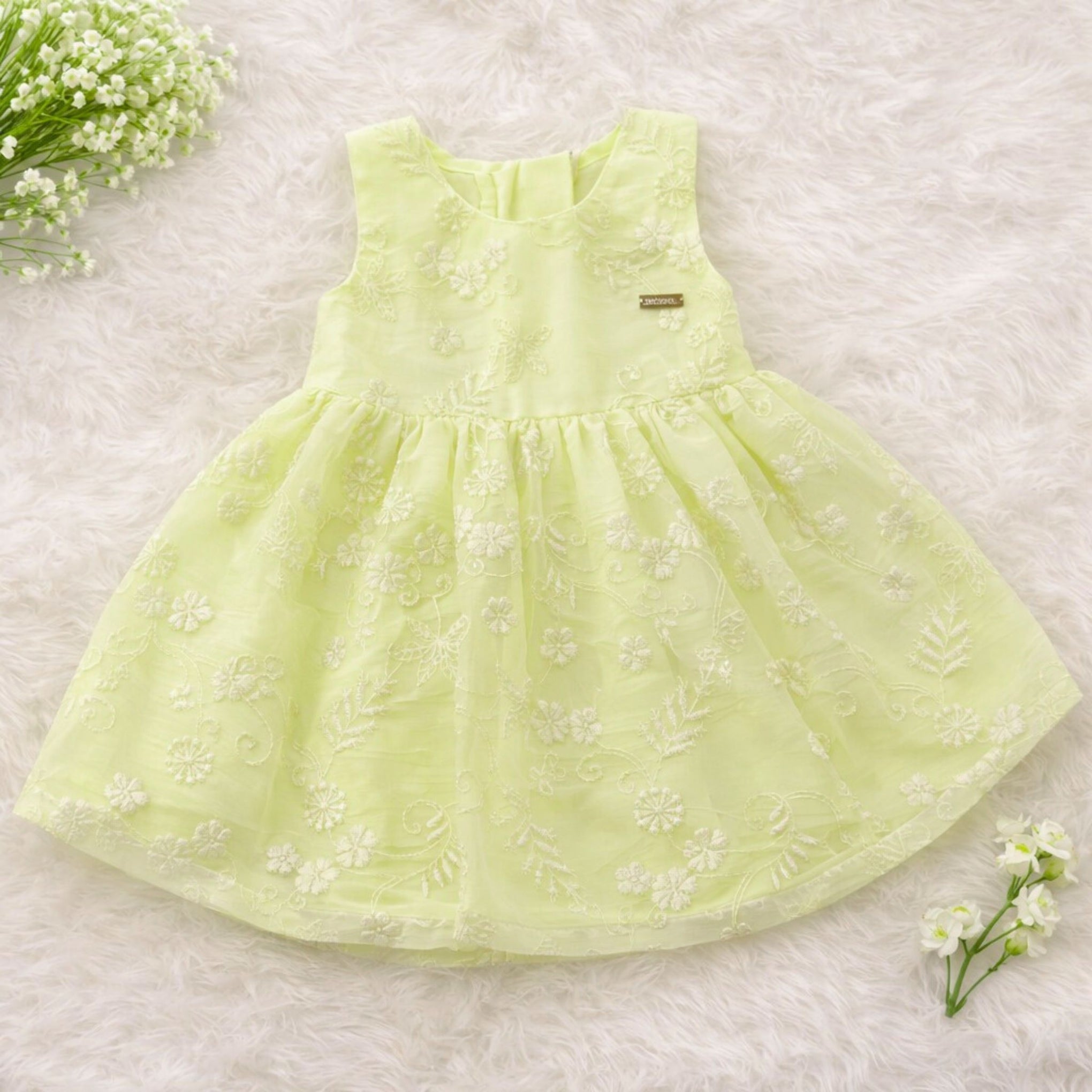 ORRIGANY Girls Yellow Floral Embroidered Party Wear Frock – Soft Sleeveless Bow Tie Dress (9 Months–6 Years)