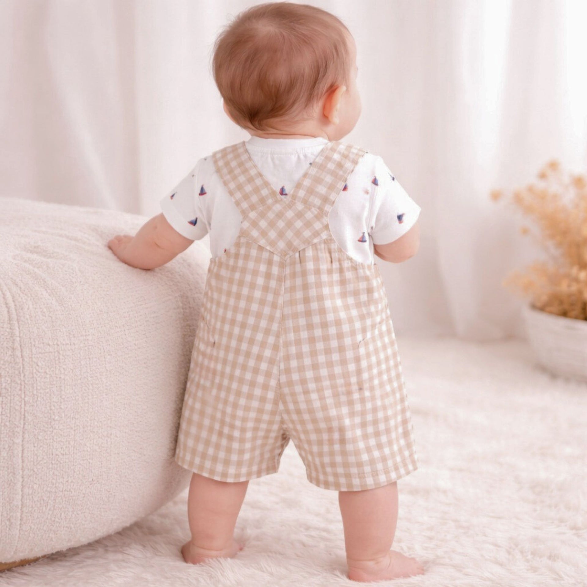 TOFFY HOUSE Baby Boys Fawn Checked Dungaree Romper Set with Printed T-Shirt (Newborn to 2 Years)