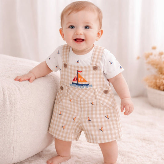 TOFFY HOUSE Baby Boys Fawn Checked Dungaree Romper Set with Printed T-Shirt (Newborn to 2 Years)