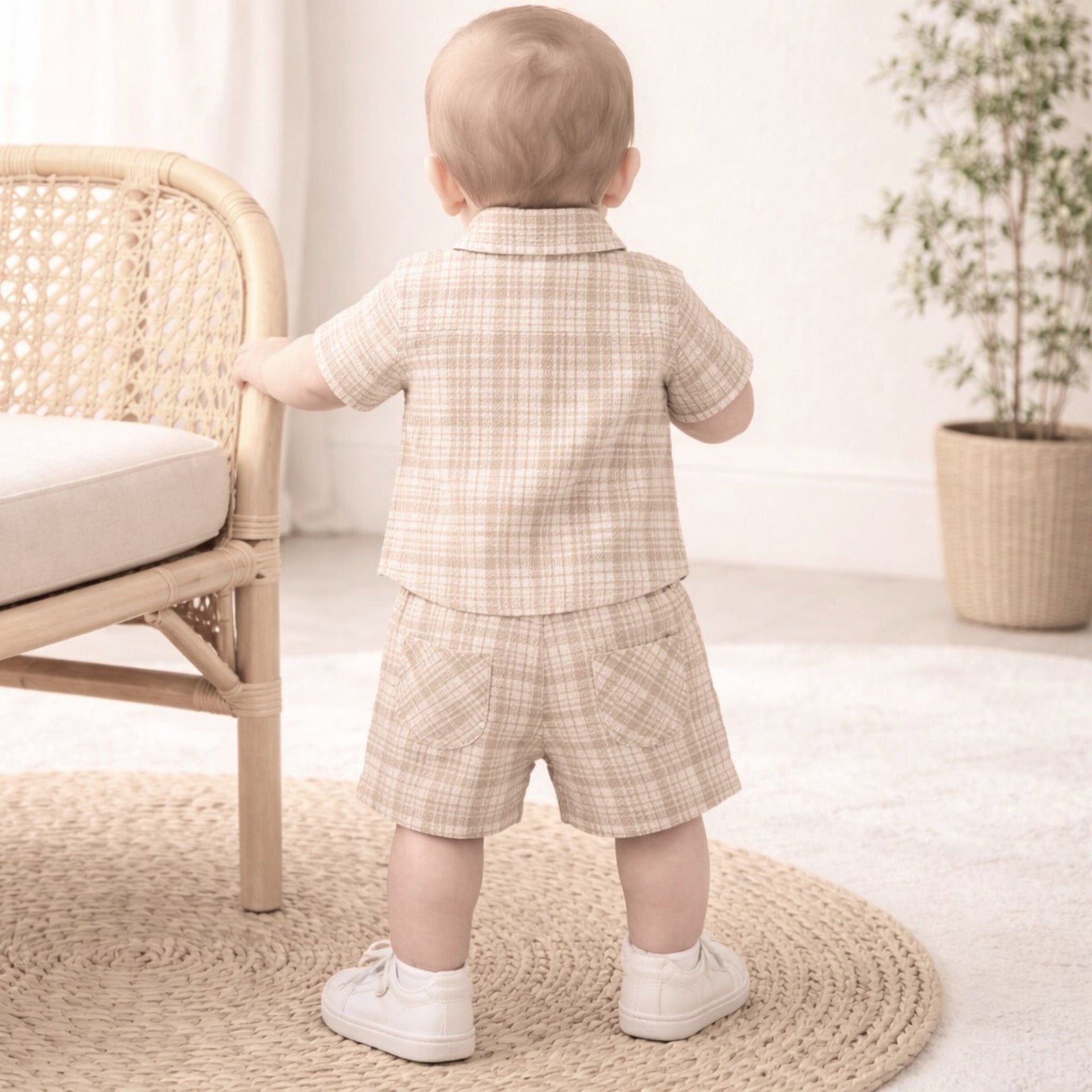 TOFFY HOUSE Baby Boys Fawn Checked Shirt & Shorts Set (Newborn to 9 Months)