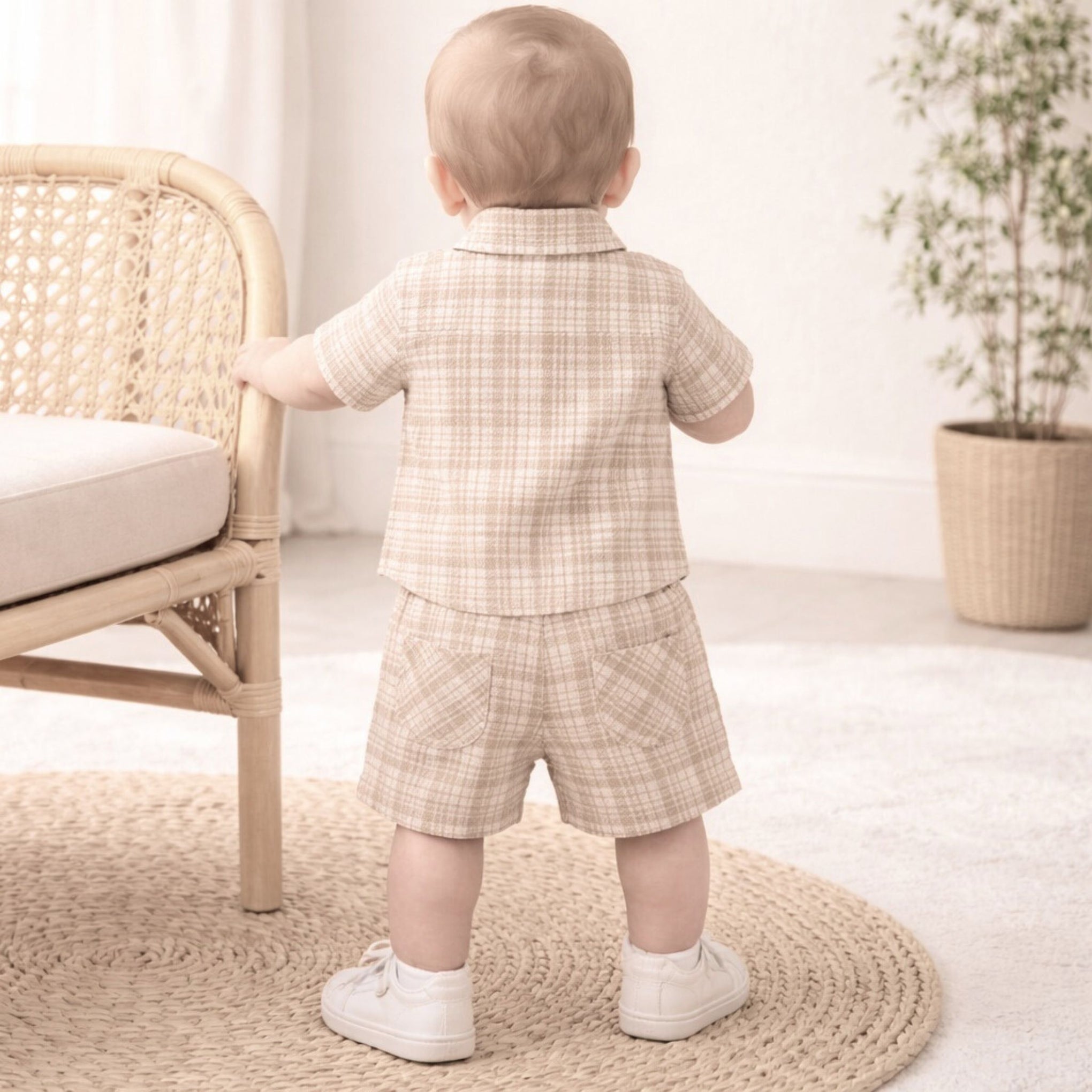 TOFFY HOUSE Baby Boys Fawn Checked Shirt & Shorts Set (Newborn to 9 Months)