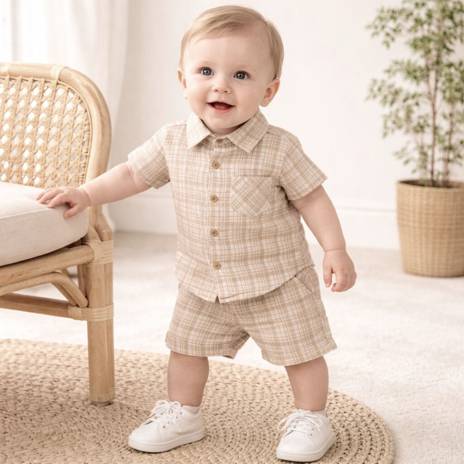 TOFFY HOUSE Baby Boys Fawn Checked Shirt & Shorts Set (Newborn to 9 Months)
