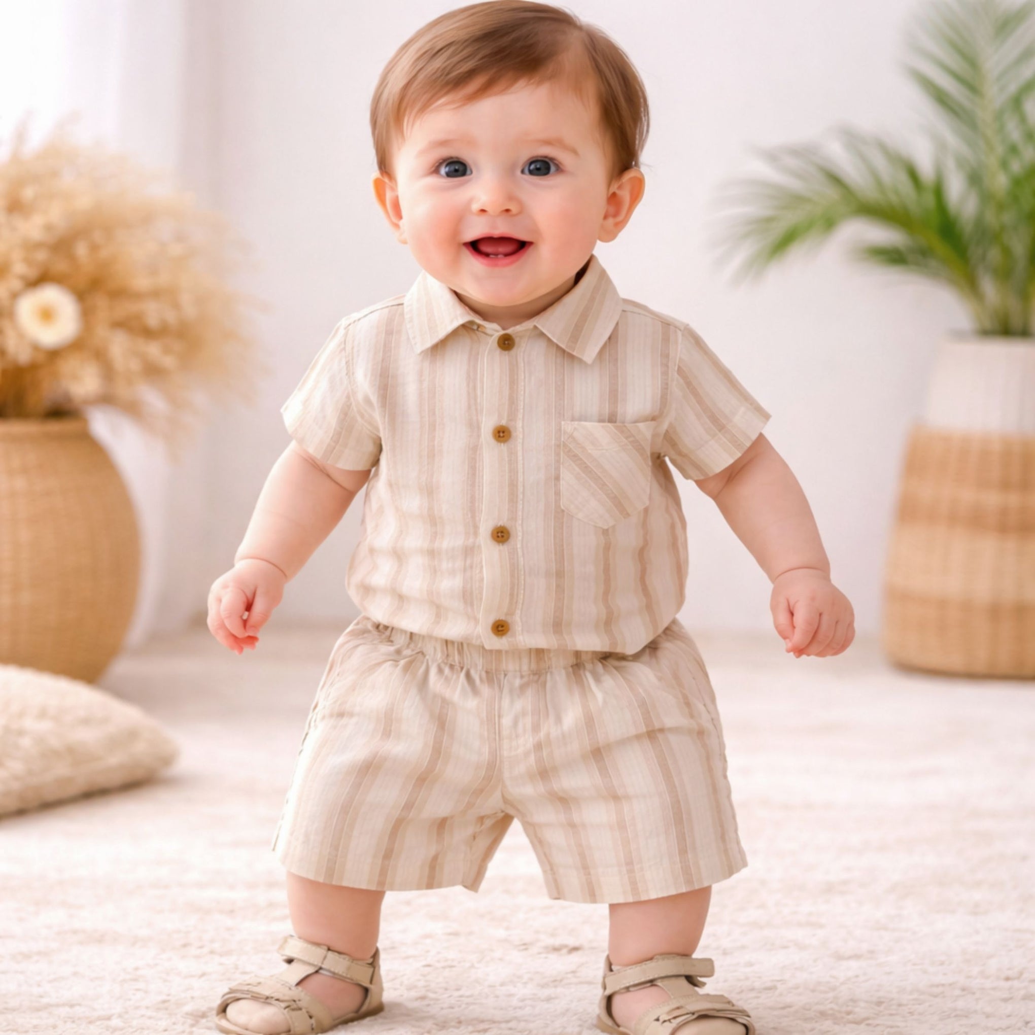 TOFFY HOUSE Baby Boys Fawn Striped Cotton Co-Ord Set (Shirt & Shorts) | Summer Outfit | Newborn to 9 Months